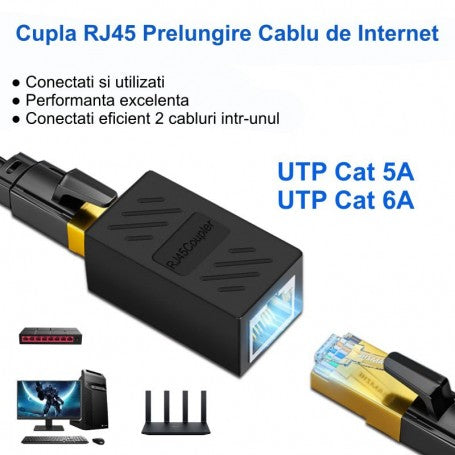 Cupla RJ45 UTP mama-mama CAT5A/CAT6A pentru prelungire cablu Ethernet, viteza 1Gbps, carcasa ABS neagra