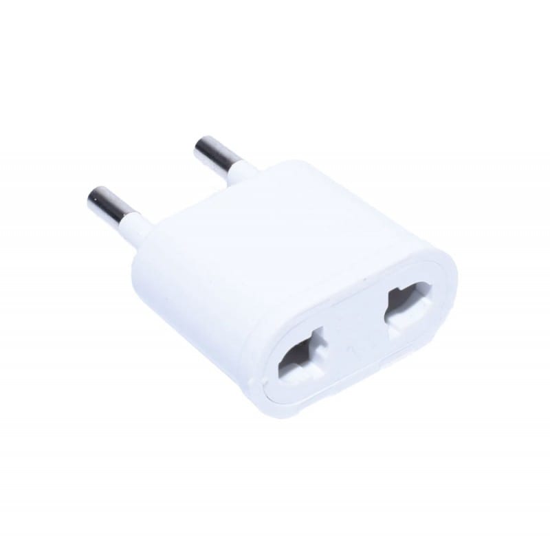 Adaptor priza China-EU, vedere frontala cu orificii intrare pini plati si stifturi metalice rotunde