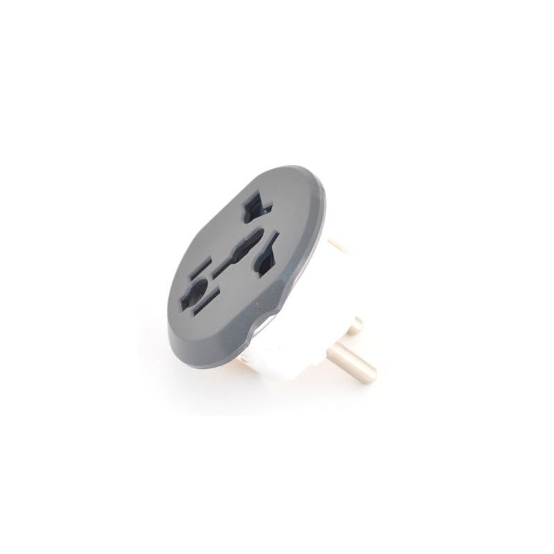 Adaptor stecher universal EU, vedere laterala cu pini rotunzi EU si priza universala fata, profil compact