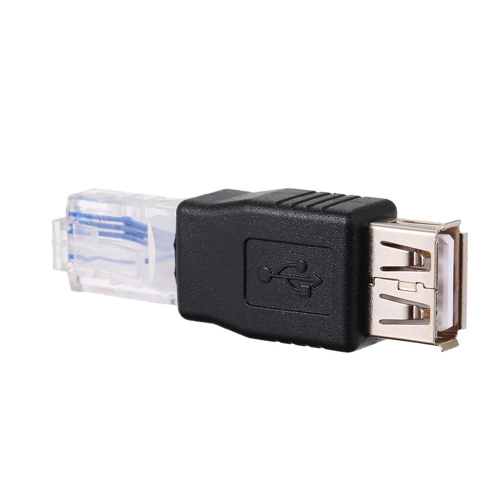 Adaptor USB-RJ45 compact, vedere laterala cu logo USB gravat si conector retea transparent