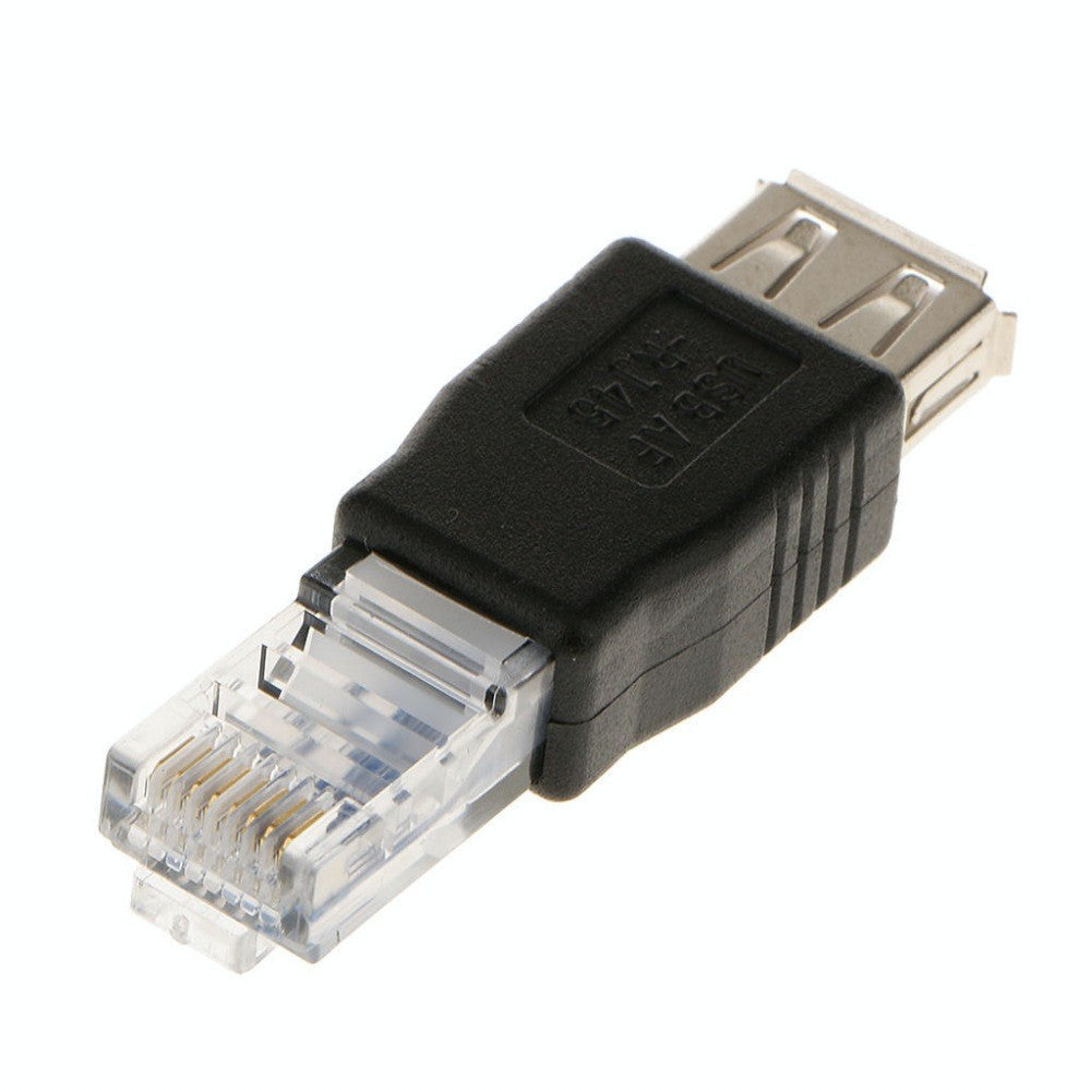 Adaptor USB tip A feminin la RJ45 mascul, contacte aurite 8C8P, corp negru compact 52x16x11 mm