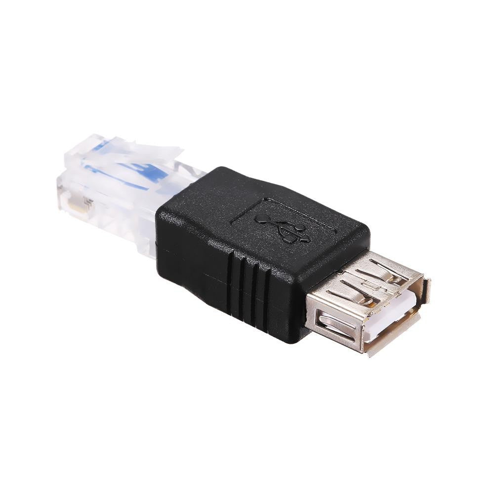 Adaptor USB-RJ45 din unghi opus, port USB feminin metalic si mufa RJ45 cu fire albastre