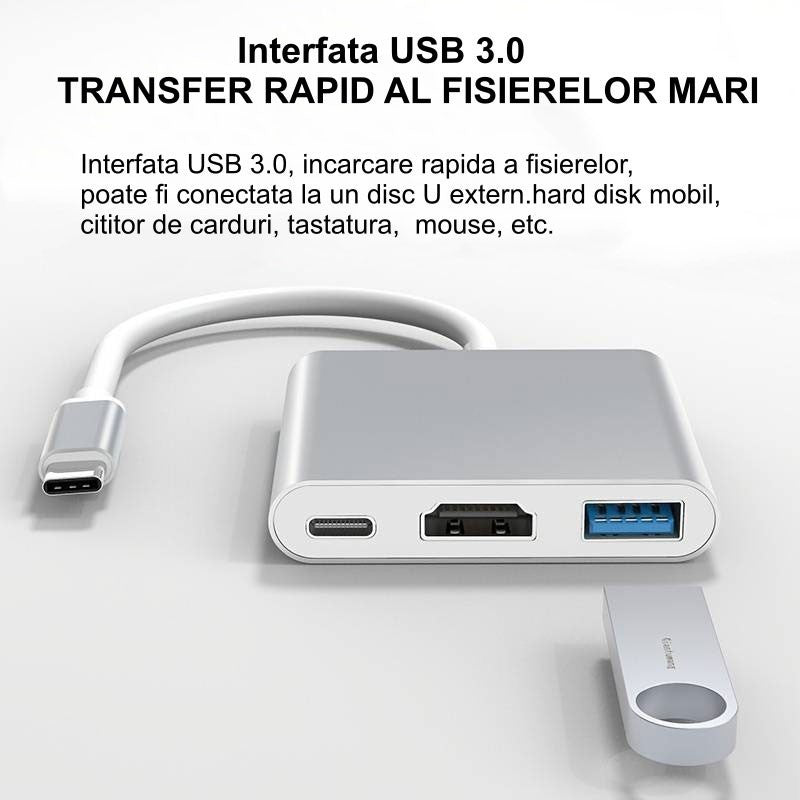 Hub USB-C cu port USB 3.0 pentru transfer rapid, conectat cu stick USB