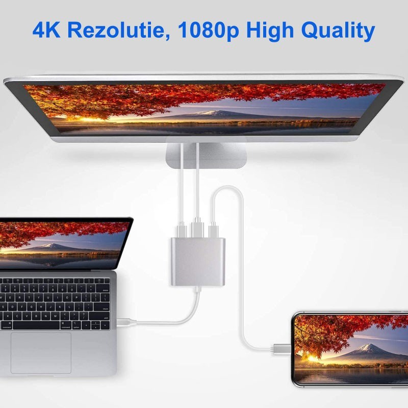 Adaptor USB-C la HDMI 4K conectat la monitor extern, laptop si smartphone simultan