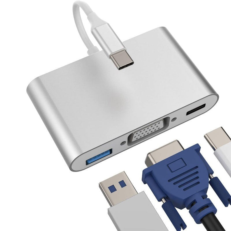 Adaptor USB-C 3 in 1 vazut din fata, cu porturi VGA, USB 3.0 si Type-C vizibile
