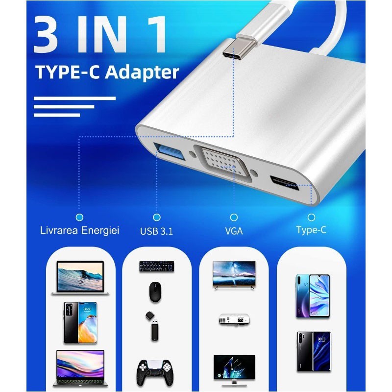 Adaptor USB-C 3 in 1 cu USB 3.1, VGA si Type-C, compatibil laptop, consola si smartphone