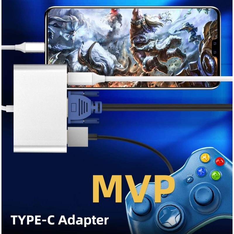 Adaptor USB-C conectat la smartphone pentru gaming, cu port VGA activ si joystick conectat
