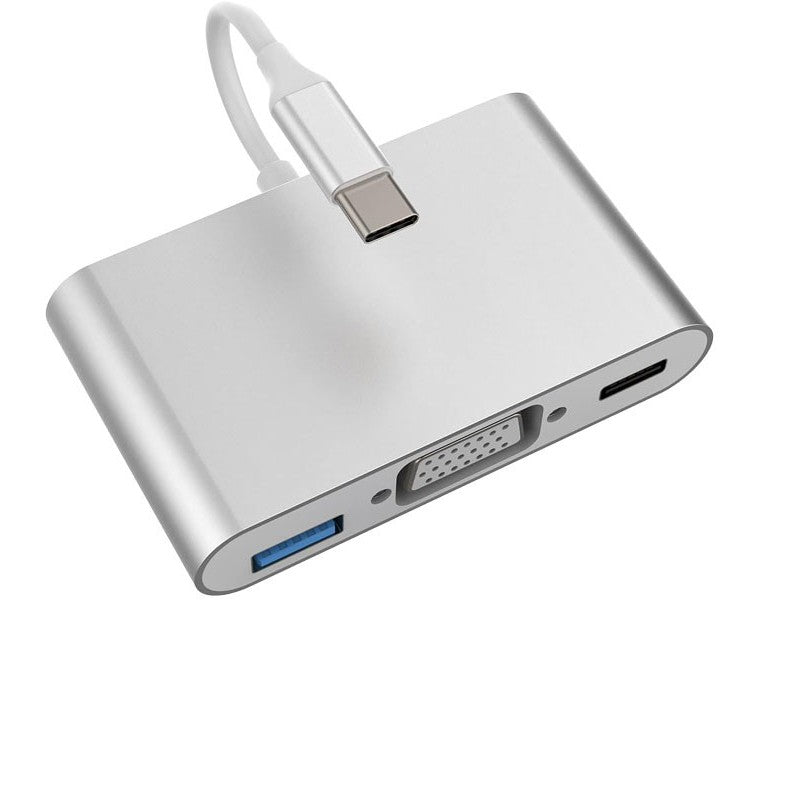Adaptor USB-C 3 in 1 din aluminiu, vedere laterala cu porturi USB 3.0, VGA si Type-C