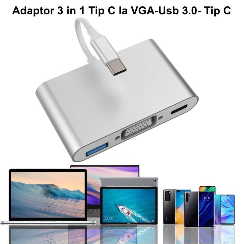 Adaptor 3 in 1 USB-C la VGA, USB 3.0 si USB-C PD, carcasa aluminiu, compatibil laptop si telefon