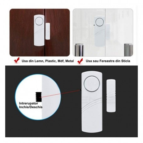 Alarma magnetica wireless pentru usa si fereastra, 120 dB, compatibila lemn, plastic, metal, sticla, cu intrerupator On/Off