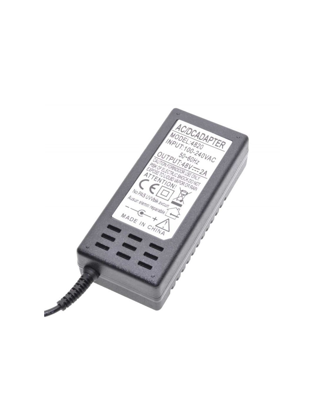 Alimentator DC 48V 2A, eticheta tehnica cu specificatii input 100-240V si output 48V 2A