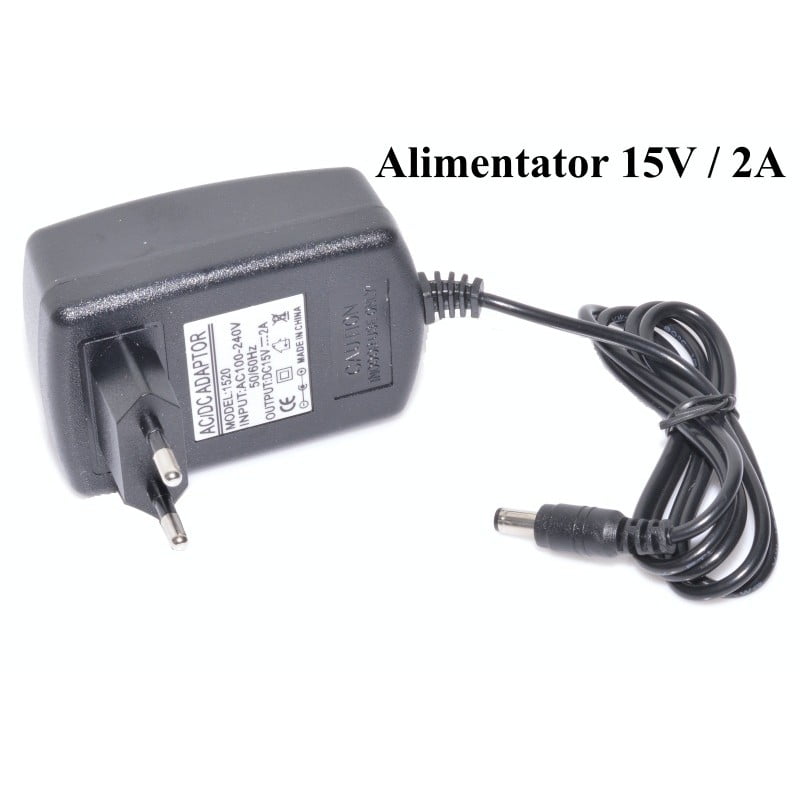 Alimentator compact 15V 2A cu stecker EU si mufa DC, compatibil benzi LED