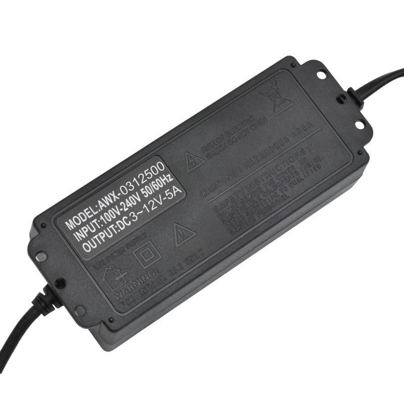 Alimentator reglabil 3V-12V 5A, vedere verso cu eticheta specificatii tehnice input 100-240V