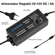 Alimentator reglabil 3V-12V DC 5A cu afisaj digital, potentiometru reglaj tensiune si conector DC 2.1x5.5mm
