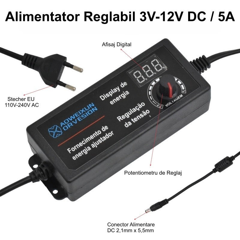 Alimentator reglabil 3V-12V DC 5A cu afisaj digital, potentiometru reglaj tensiune si conector DC 2.1x5.5mm