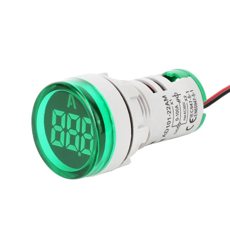 Ampermetru digital de panou 22mm, afisaj LED verde, masurare 0-100A, tensiune AC 380V