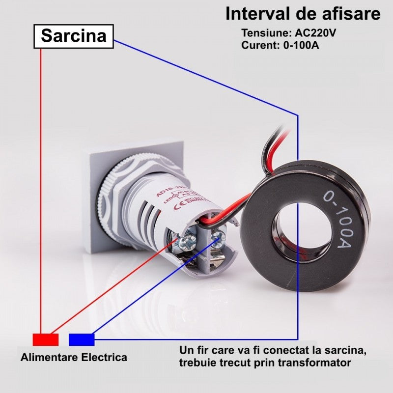 Schema de montaj ampermetru panou AC 220V, 0-100A, cu transformator de curent si conexiuni