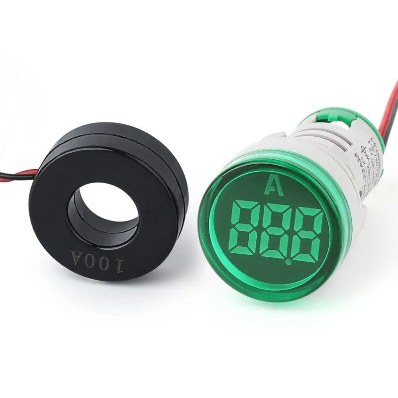 Ampermetru digital 0-100A cu transformator de curent inclus, afisaj LED verde rotund 22mm