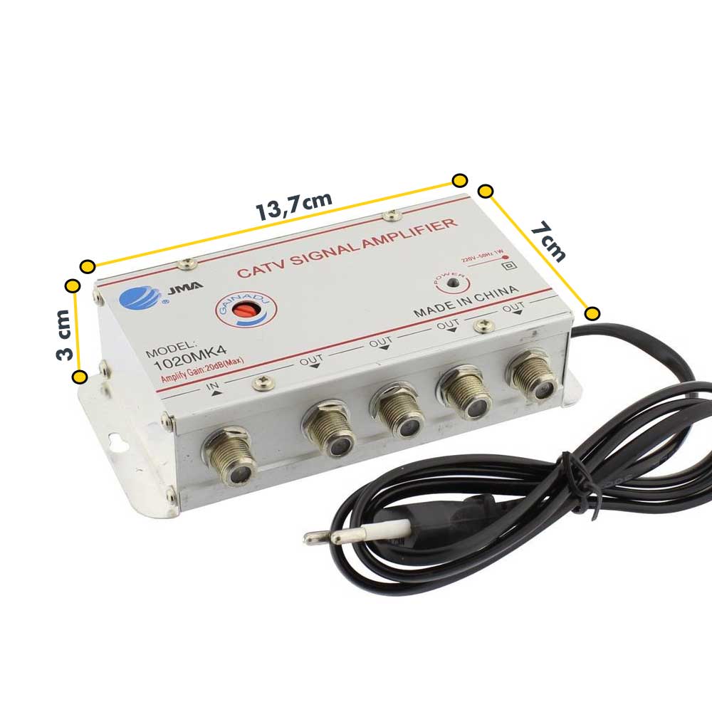 Amplificator semnal TV cu 4 iesiri, dimensiuni 13,7x7x3 cm, cu cablu de alimentare 220V