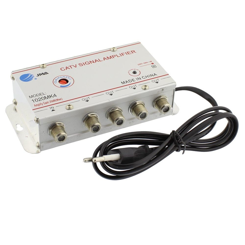 Amplificator CATV cu splitter 4 porturi tip F si buton reglaj castig, vedere laterala