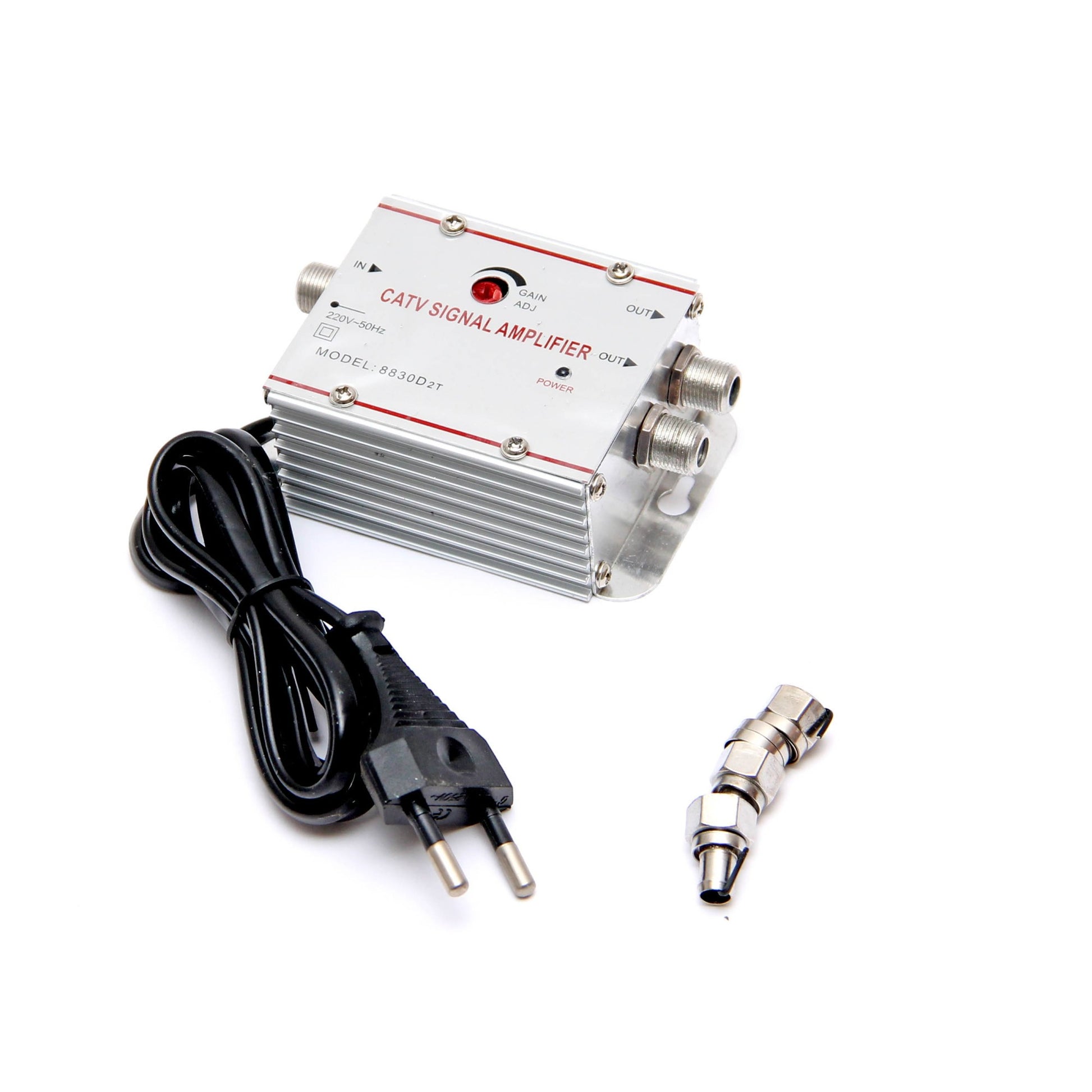 Amplificator semnal TV cu accesorii incluse: cablu alimentare 220V si adaptor mufa