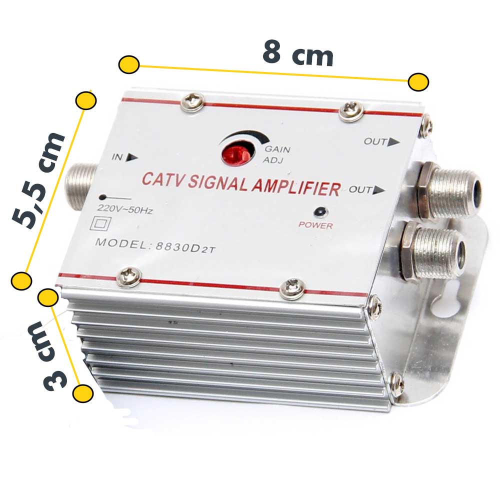 Amplificator semnal TV cu dimensiuni 8x5,5x3 cm, mufe F tip OUT si reglaj castig