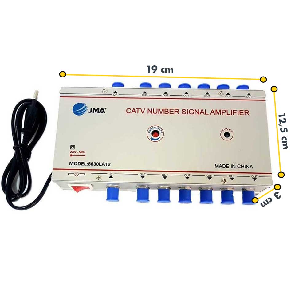 Amplificator semnal TV 12 iesiri, dimensiuni 19x12.5x3 cm, carcasa metalica compacta