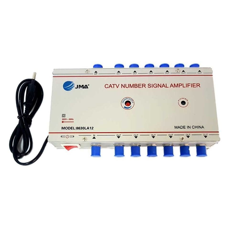 Amplificator CATV 12 porturi coaxiale F, vedere frontala cu conectori albastri si buton de amplificare