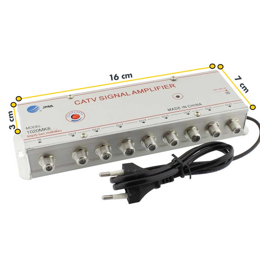 Amplificator CATV 8 iesiri cu dimensiuni 16x7x3 cm, carcasa metalica si cablu de alimentare 220V inclus