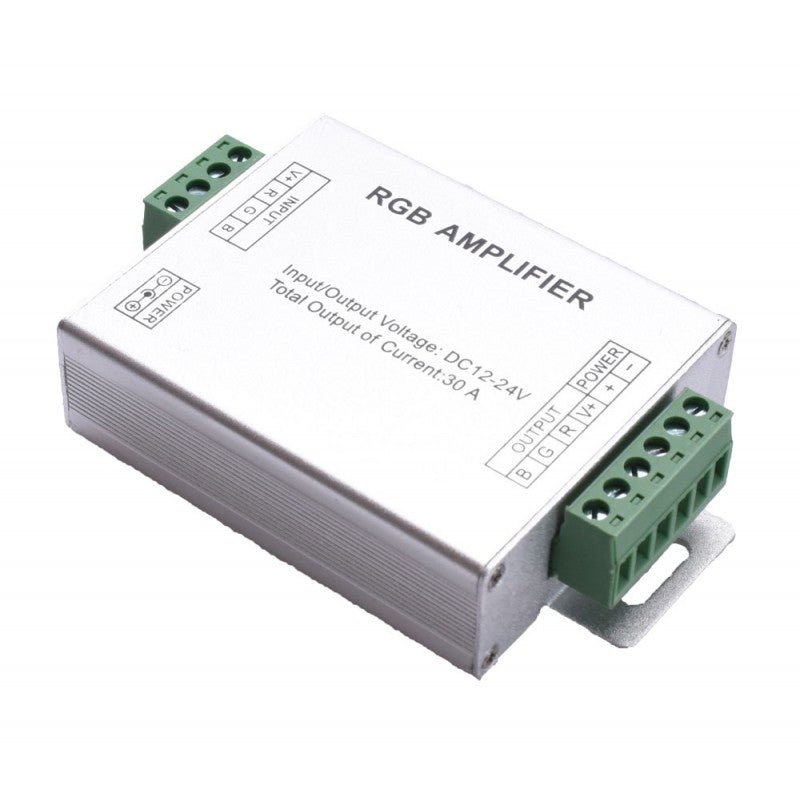 Amplificator banda LED RGB 12-24V 30A, carcasa aluminiu, borne intrare-iesire RGB cu riglete surub