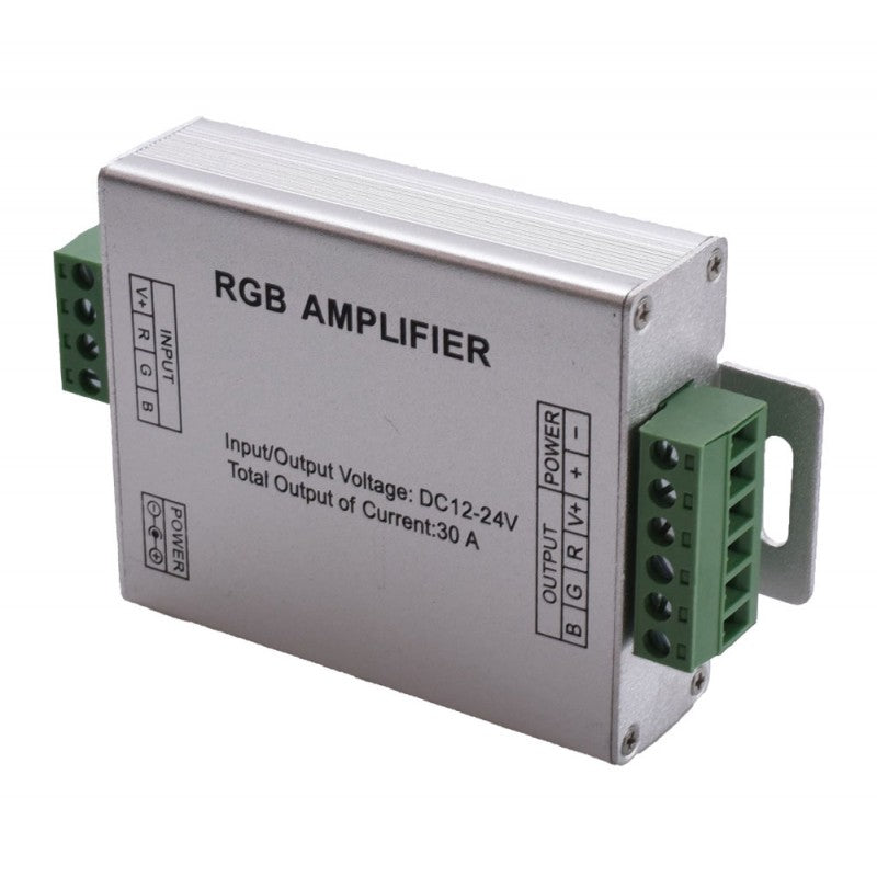 Amplificator banda LED RGB vedere frontala, borne INPUT si OUTPUT clar etichetate, 30A