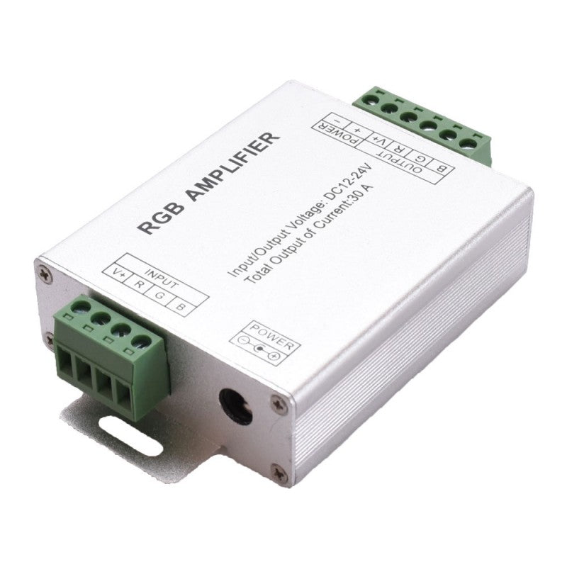 Amplificator banda LED RGB vedere de jos, mufa DC 2.1mm si borne INPUT vizibile