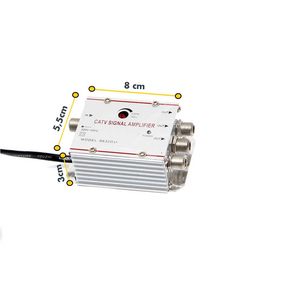 Amplificator CATV compact, dimensiuni 8x5,5x3 cm, mufe F pe lateral