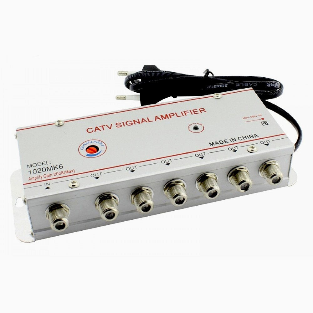 Amplificator CATV cu 6 mufe F de iesire, amplificare 20 dB, carcasa metalica din aluminiu