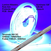 Banda COB LED albastra 24V, 11W/ml, IP20, PCB 8mm, rola 5m cu 320 LED/ml pentru interior
