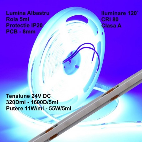 Banda COB LED albastra 24V, 11W/ml, IP20, PCB 8mm, rola 5m cu 320 LED/ml pentru interior