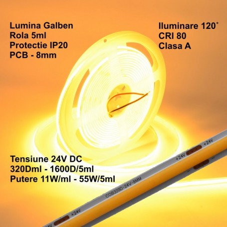 Banda COB LED galben 24V, 320 LED/ml, specificatii tehnice IP20 si CRI 80