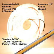 Banda COB LED 24V, 11W/ml, IP20, lumina alb-cald 3500K, 320 LED/ml, rola 5m, PCB 8mm