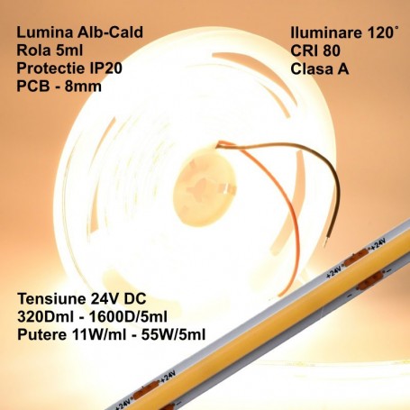 Banda COB LED 24V, 11W/ml, IP20, lumina alb-cald 3500K, 320 LED/ml, rola 5m, PCB 8mm