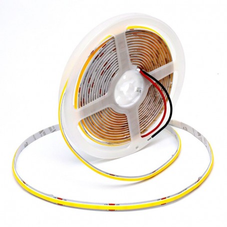 Banda COB LED rola 5m pe suport, conector fire rosu-negru vizibil, PCB 8mm