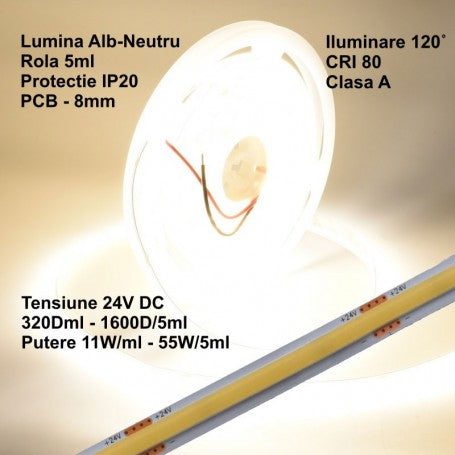 Banda COB LED 24V 8mm, 11W/ml, IP20, lumina alb-natural 4500K, 320 LED/ml, rola 5m interior