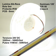 Banda COB LED 24V, 11W/ml, IP20, lumina alb-rece 6500K, 320 LED/ml, rola 5m, latime 8mm