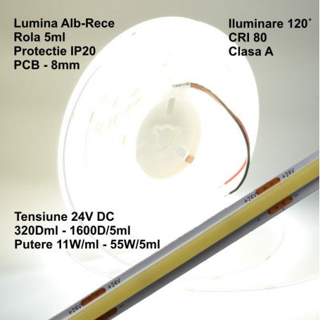 Banda COB LED 24V, 11W/ml, IP20, lumina alb-rece 6500K, 320 LED/ml, rola 5m, latime 8mm