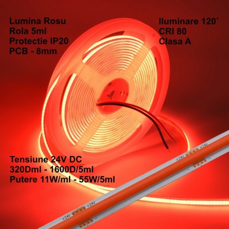 Banda COB LED rosu 24V, 320LED/ml, 11W/ml, IP20, rola 5m, PCB 8mm, iluminare uniforma interior