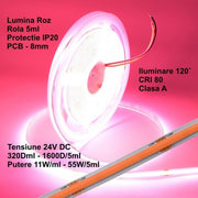 Banda COB LED roz 24V, 11W/ml, IP20, rola 5m, PCB 8mm, 320LED/ml, iluminare uniforma interior
