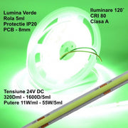 Banda COB LED verde 24V 11W/ml IP20, rola 5m, PCB 8mm, 320 LED/ml, iluminare uniforma interior
