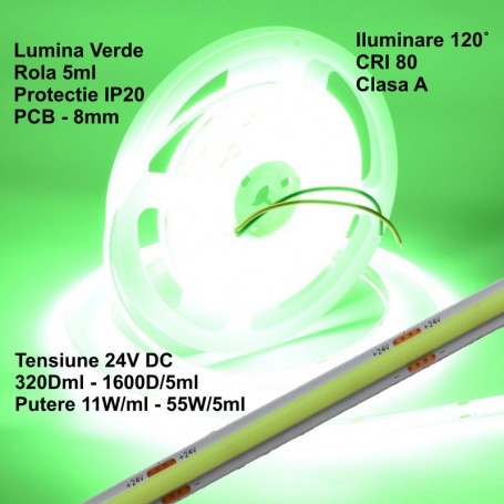 Banda COB LED verde 24V 11W/ml IP20, rola 5m, PCB 8mm, 320 LED/ml, iluminare uniforma interior