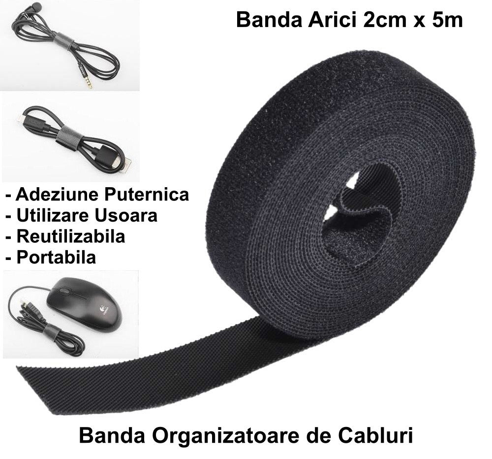 banda arici 2cm x 5m pentru strangerea cablurilor, reutilizabila, portabila, cu exemple de utilizare