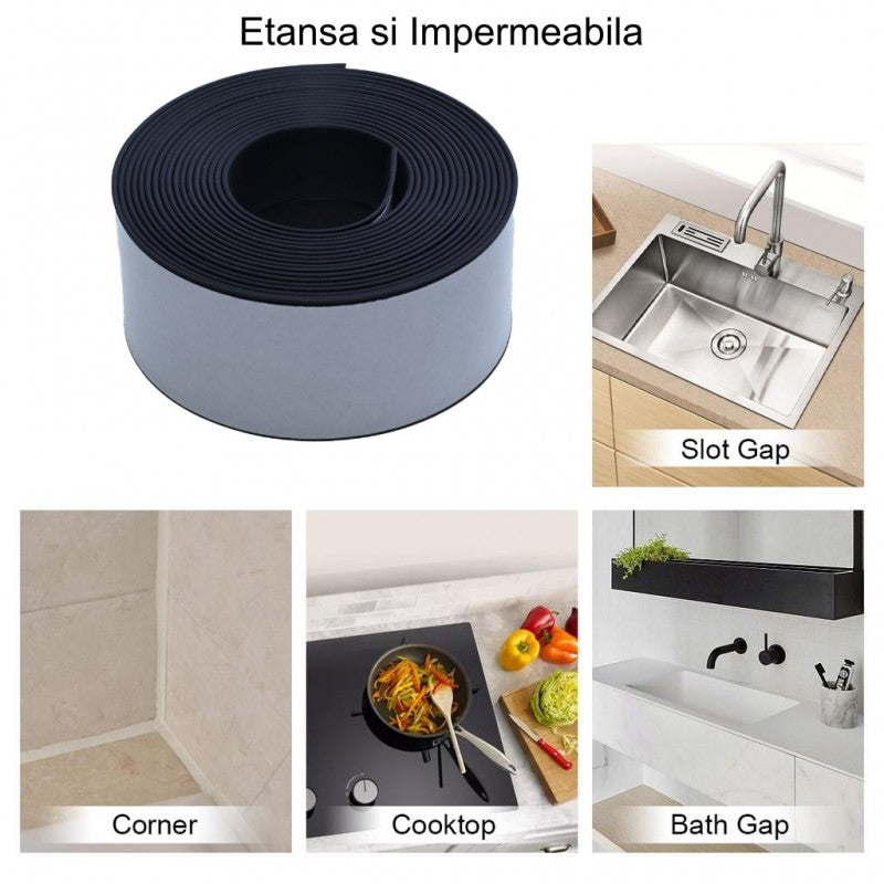 Banda etansare impermeabila neagra, utilizare la chiuveta, colt, plita si baie