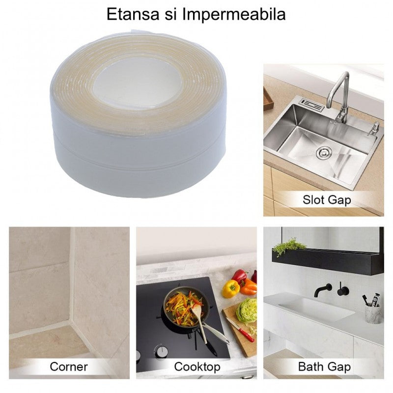 Banda etansare impermeabila transparenta, utilizari multiple: chiuveta, plita, colt faianta, rost baie